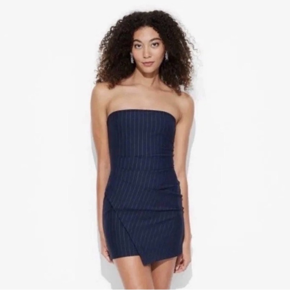 NWT Wild Fable XL Navy Pinstripes Tube Dress Stretch Asymmetrical Wrap Hem Mini
